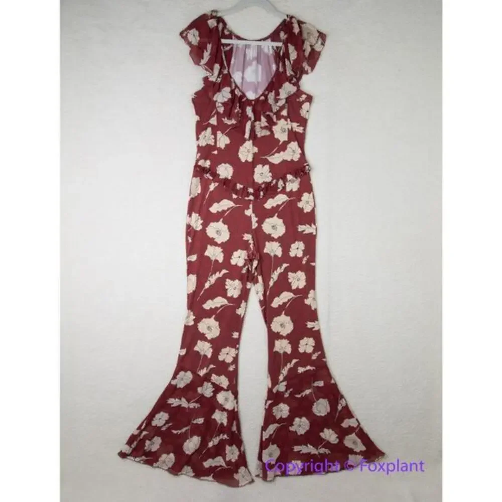 New! Free People AUSTYN brick red floral flaired‎ pant ruffle jumpsuit, size M